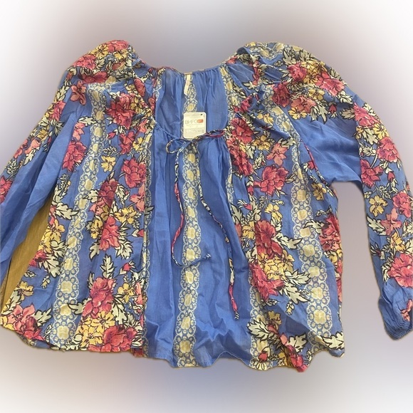 Free People Women’s Elena Floral Flowy Cotton Blue Pink Yellow Blouse NEW  M - Picture 2 of 13